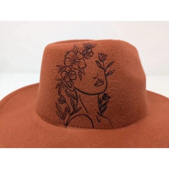 Fedora Hat Wide Brim Artwork Design Woman Figure Rustic Orange OSFM - Picture 3 of 9